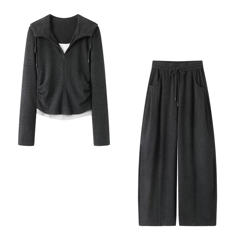 4114/4127【艾家同款】2025秋冬新款假两件连帽卫衣阔腿休闲裤套装