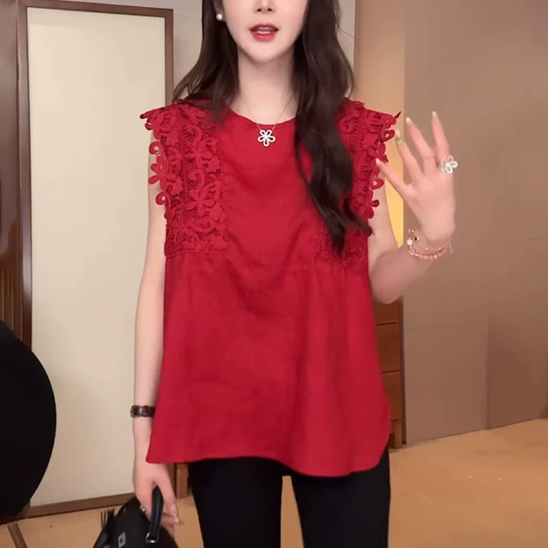 蕾丝拼接无袖衬衫女2025夏季时尚显瘦减龄设计感漂亮小衫休闲上衣