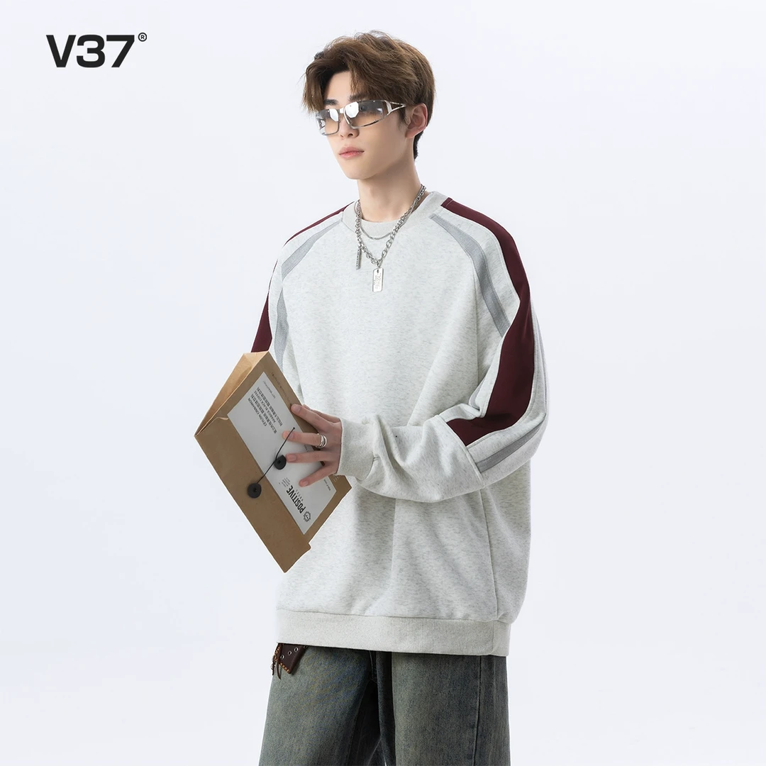 V37白灰色校园风圆领卫衣男2025春秋季新款美式cleanfit套头上衣