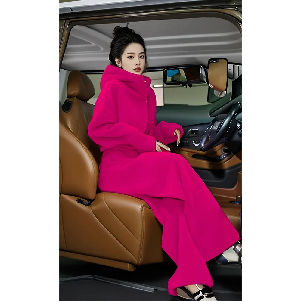 韩系减龄搭配一整套入冬穿搭玫红色连帽外套阔腿裤独特漂亮两件套