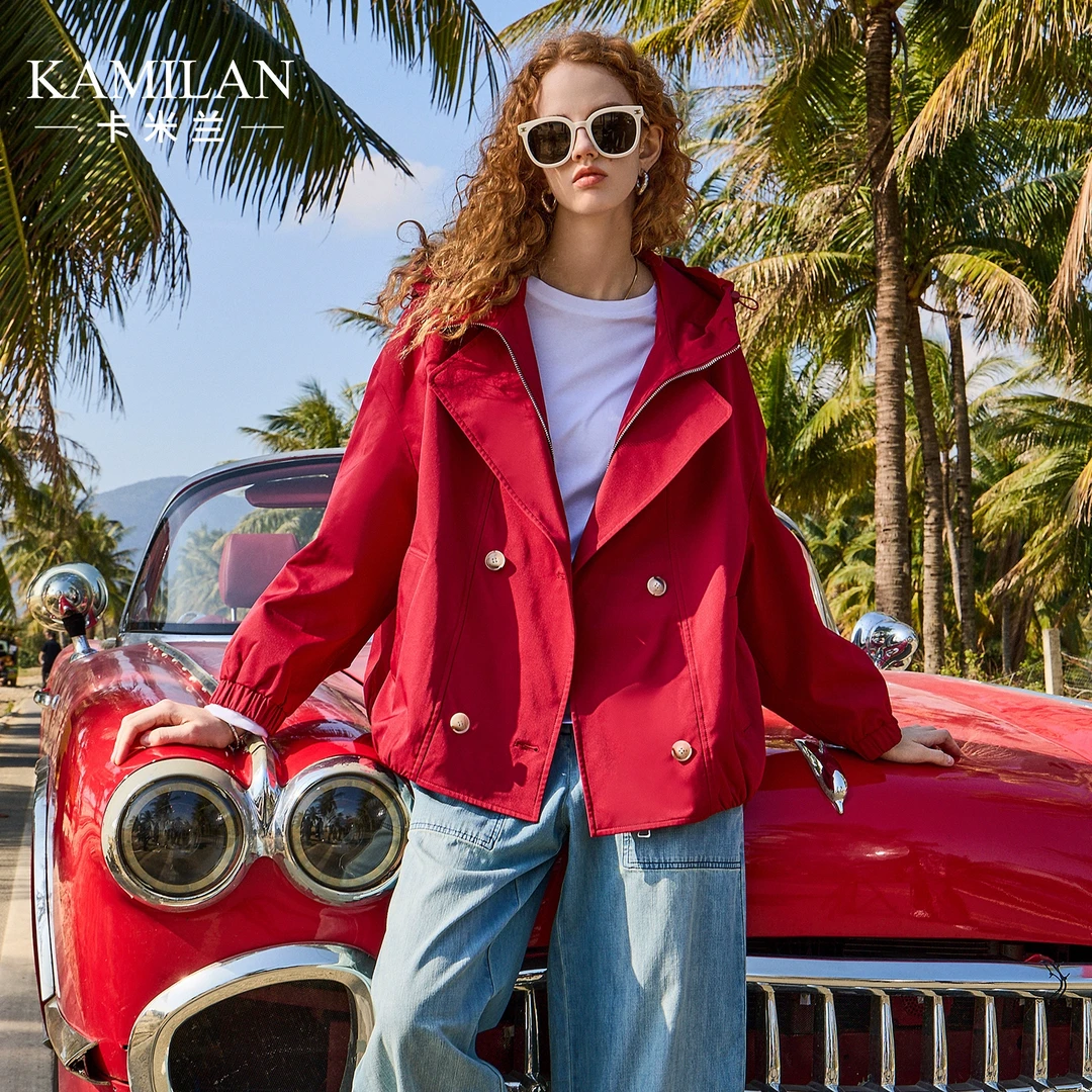 [新年系列]卡米兰安哥拉红短款风衣女2025春季新款双排扣外套连帽