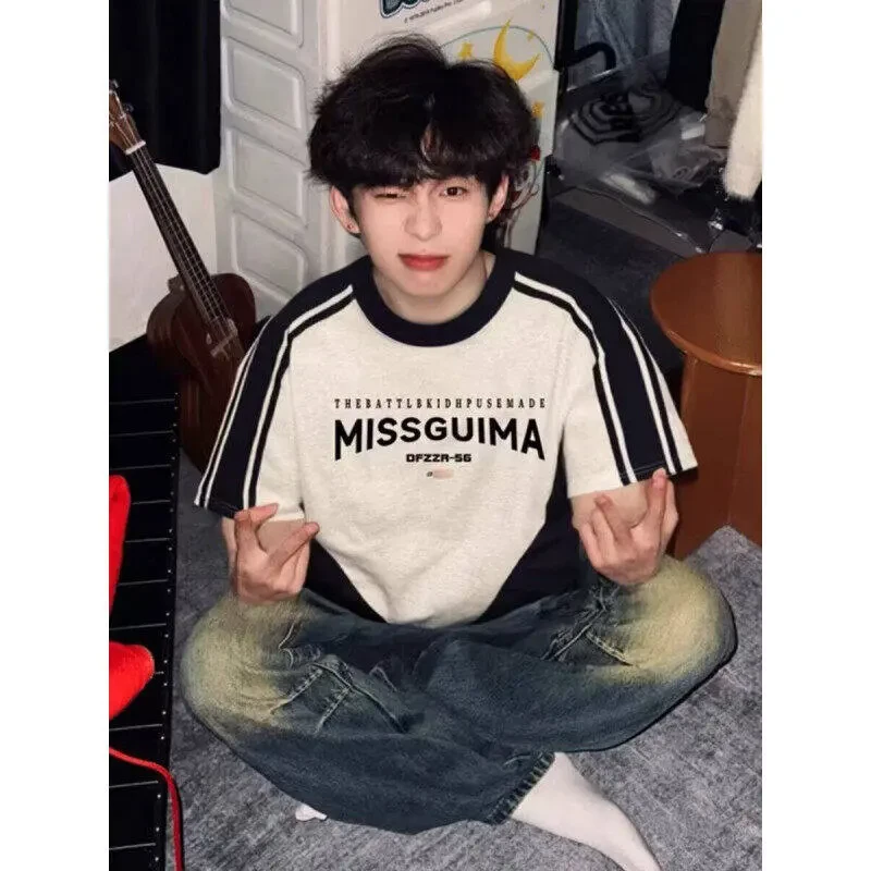 美式潮牌vibe字母插肩袖T恤男夏季高级感小领口短袖痞帅男生半袖