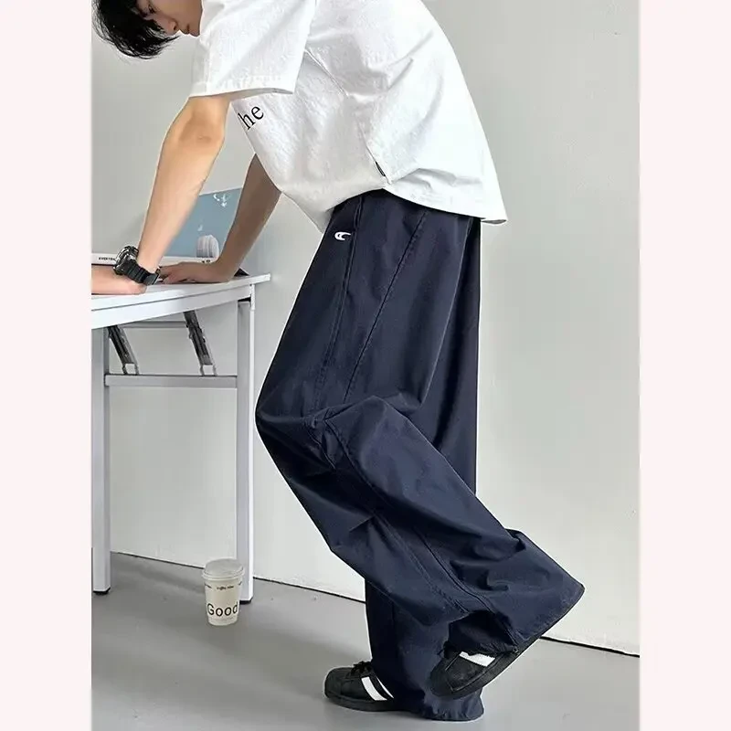 藏青色刺绣裤子男款夏季美式复古垂感阔腿裤高级感褶皱宽松伞兵裤