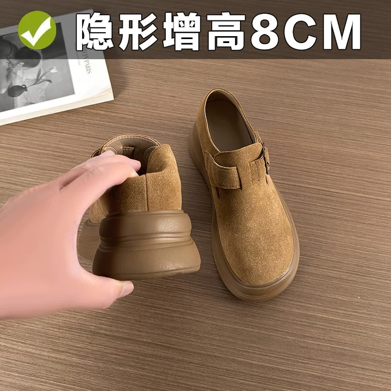 真皮小个子内增高勃肯鞋全包厚底松糕复古一脚蹬绝美加绒单鞋3334