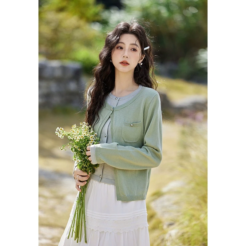 【年中大促】谜秀新品春秋长袖短款设计感假两件撞色针织开衫外套