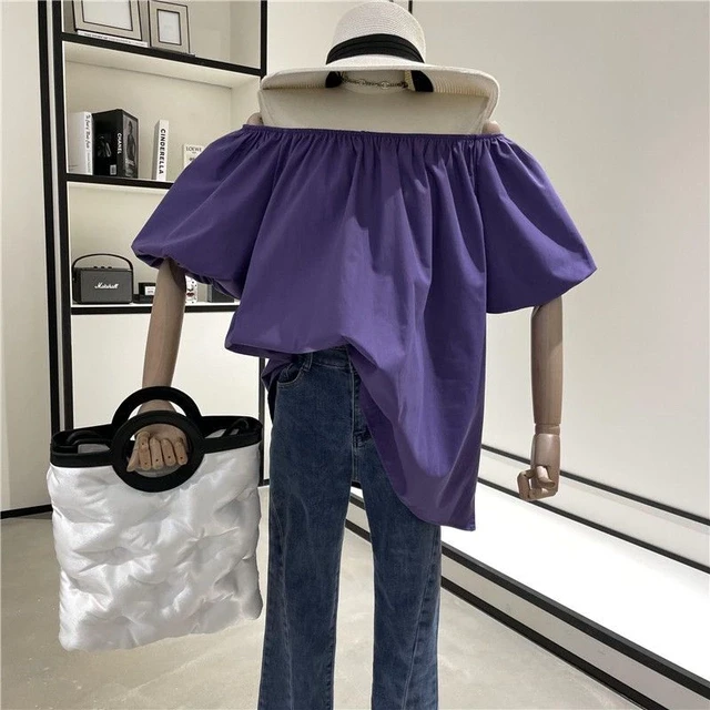 一字领露肩泡泡袖衬衫女夏季新款法式复古宽松休闲洋气上衣潮