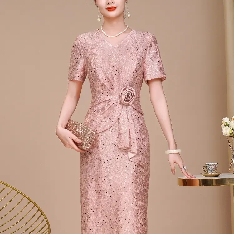 新款喜妈妈婚宴礼服年轻时尚粉红色喜婆婆套裙显瘦复古高档敬酒服