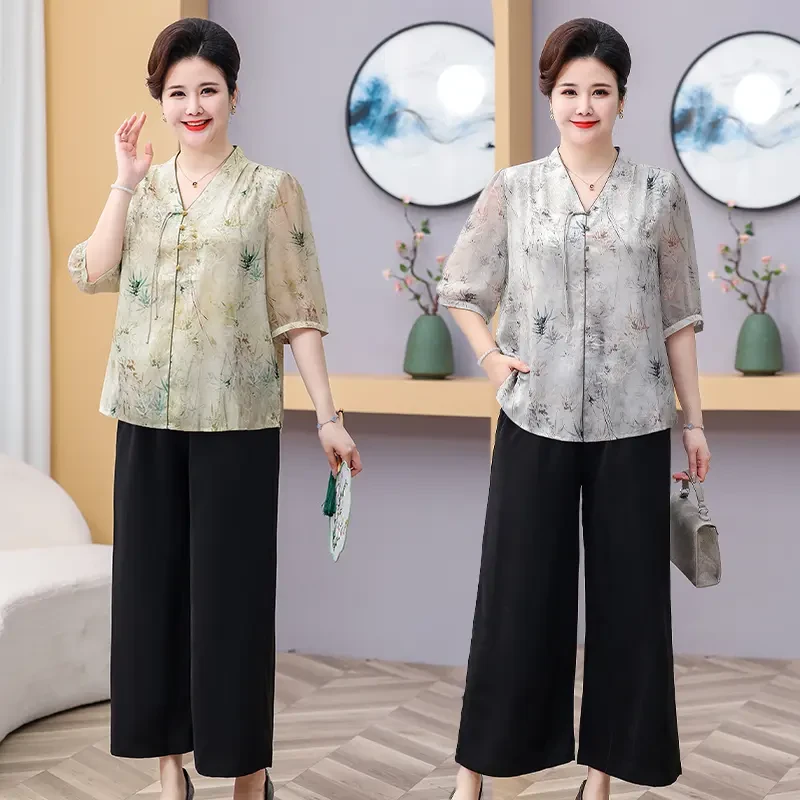 100-220特大码妈妈装时尚洋气新中式国风中袖衬衫中老年夏季套装