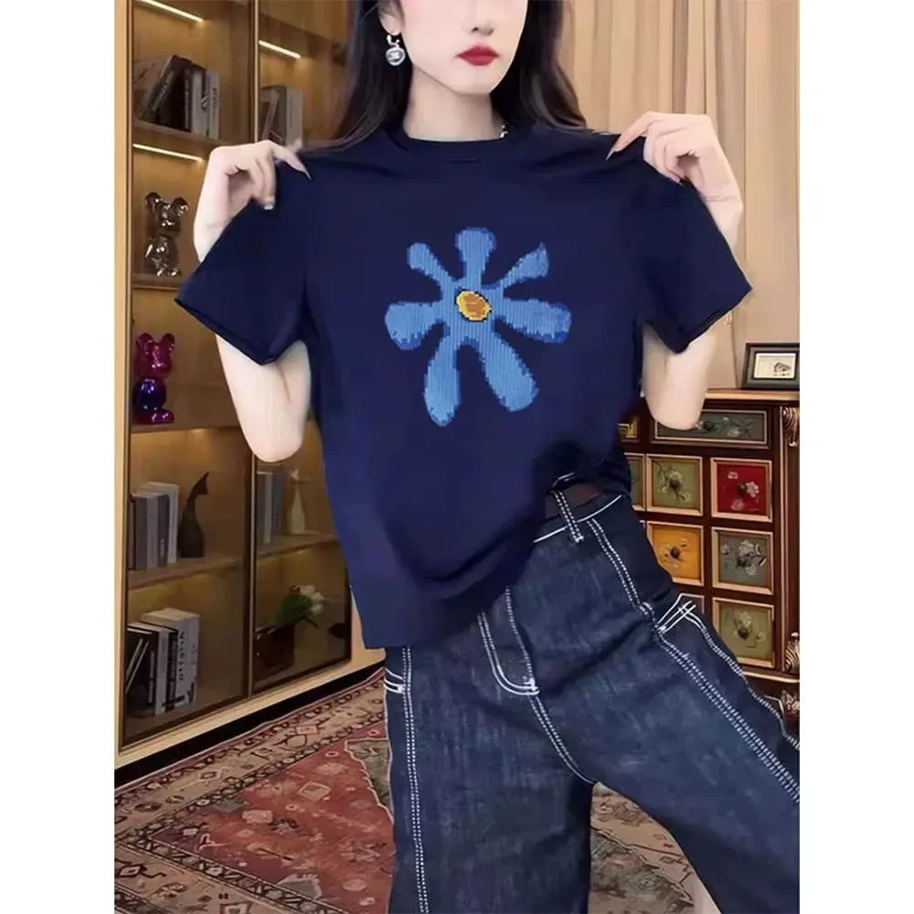 爆款正肩短袖t恤女装2025新款时尚百搭洋气藏青色薄款上衣夏季潮