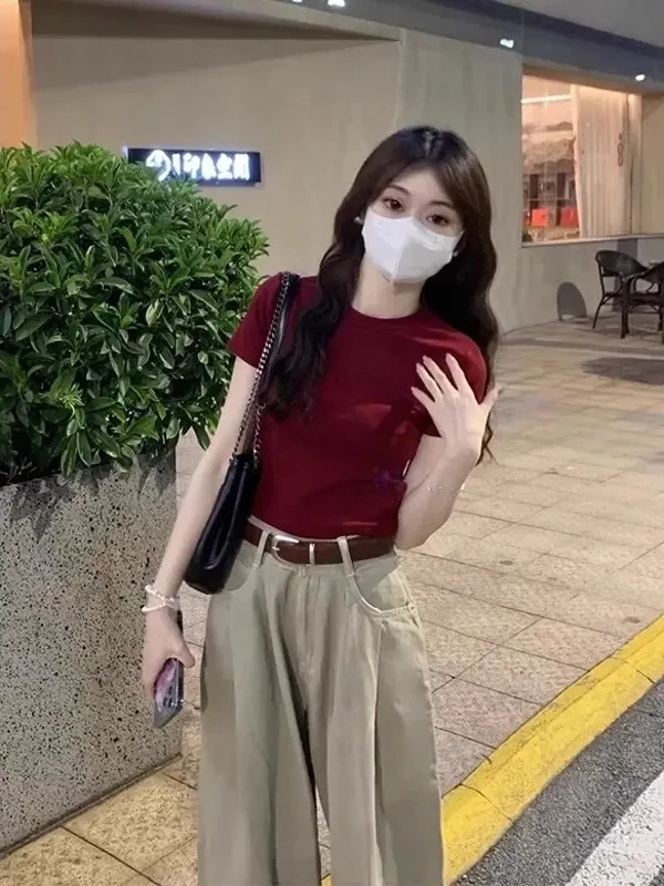 ZUIMEI红色辣妹正肩短袖t恤女修身短上衣夏季百搭修身显瘦打底衫