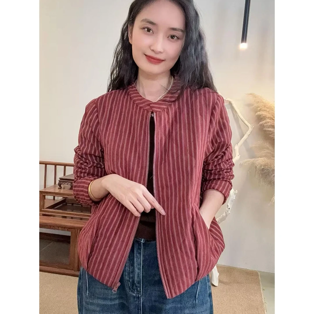 25739短外套女秋冬新款竖条纹棒球领服宽松休闲百搭保暖上衣