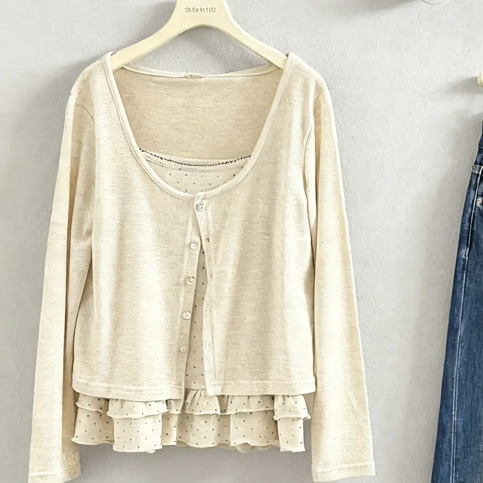 韩系纯欲波点吊带上衣外搭弹力长袖针织开衫气质两件套