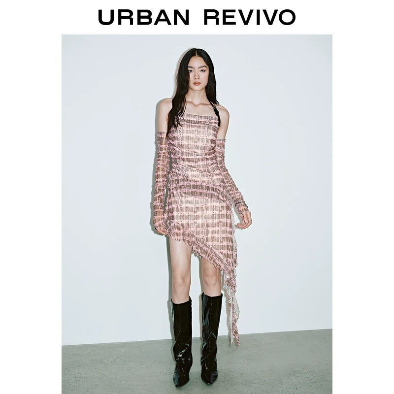 UR2025春季新品女装欧若风甜酷风撞色木耳边挂脖连衣裙UYV750007