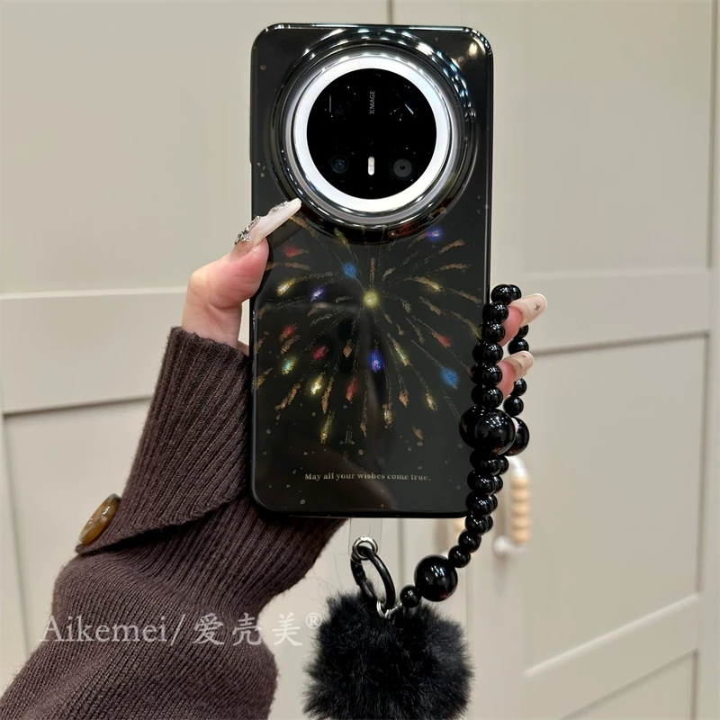 适用华为mate70pro+手机壳新年黑底梦幻mate60pro+彩色烟花链条女