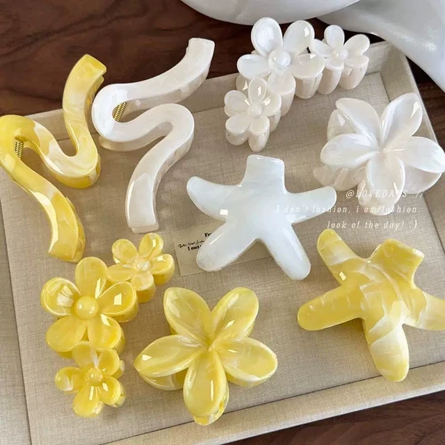 夏日度假风新款黄白鸡蛋花抓夹晕染高级感盘发鲨鱼夹甜美发夹发饰