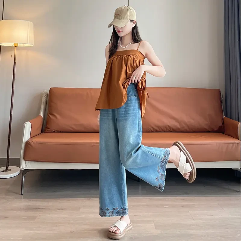 秋季新款时尚中式刺绣直筒牛仔裤高腰宽松显瘦潮流百搭八分阔腿裤