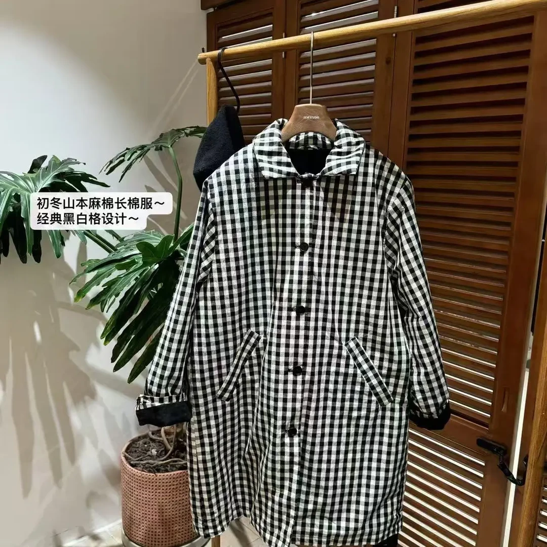 日系黑白格纹中长款时髦百搭风衣外套棉服75013