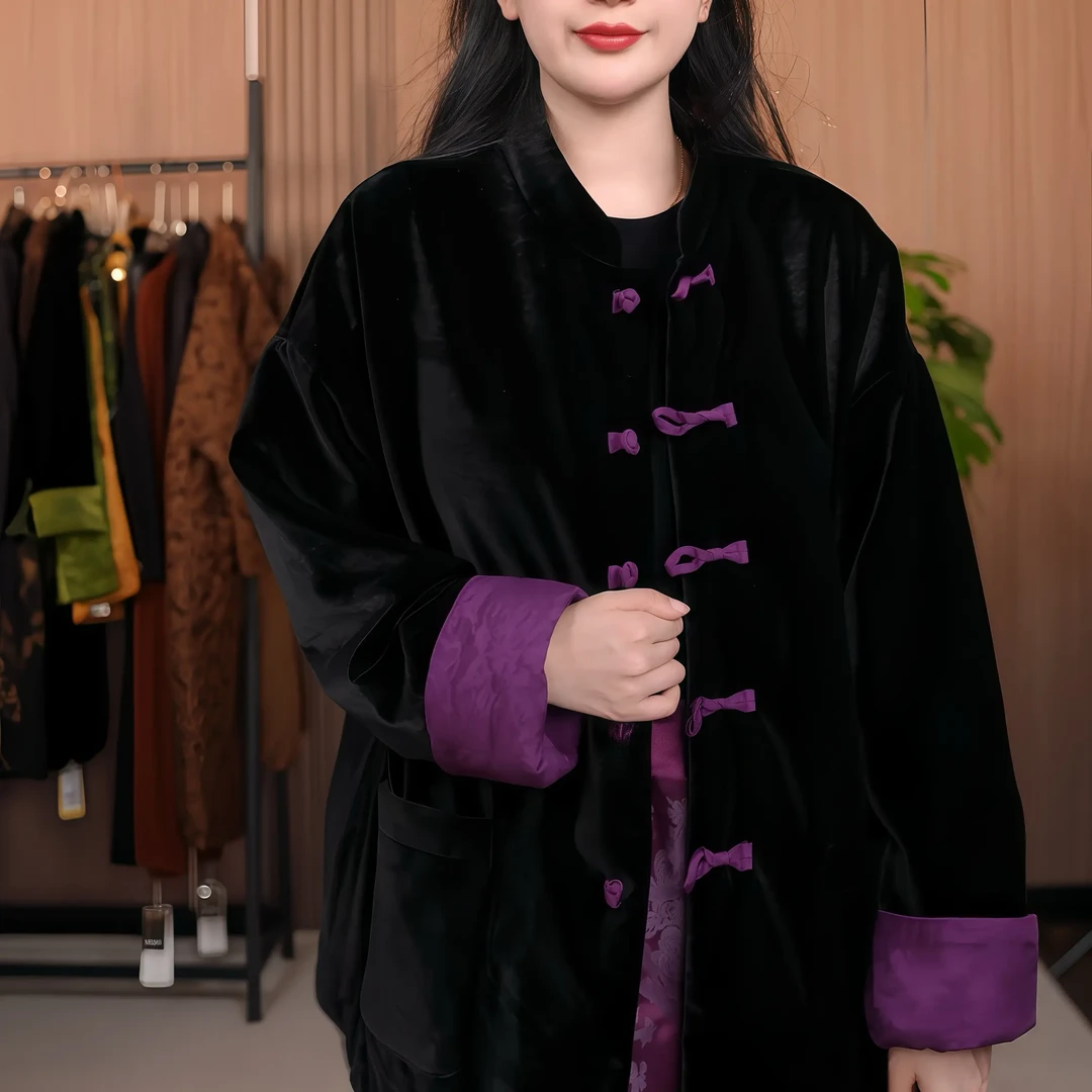 新中式立领直襟丝绒拼接盘扣女款棉服冬季外套上衣