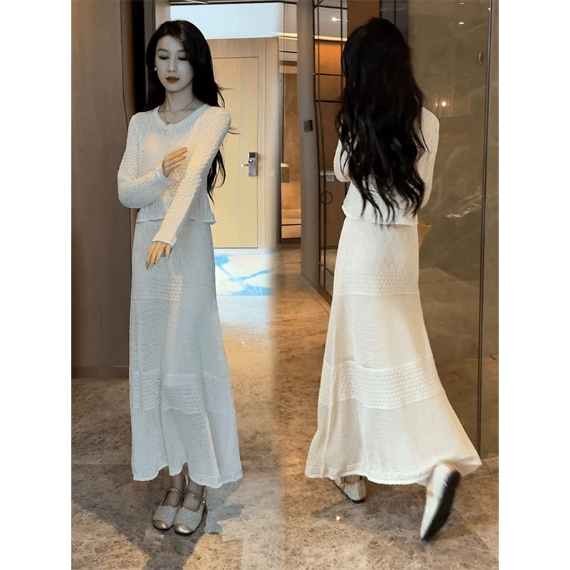 夏季新款气质显瘦法式温柔风镂空钩花针织开衫针织半身裙两件套女