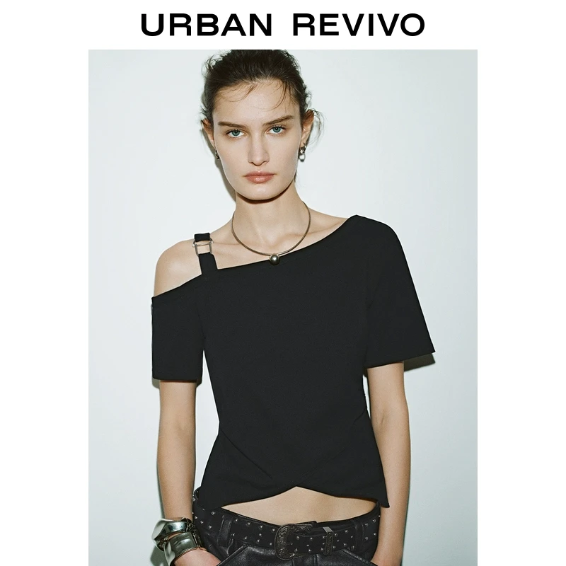 UR2025春季新品女装欧若风时髦不规则设计感斜肩领T恤UYV450003