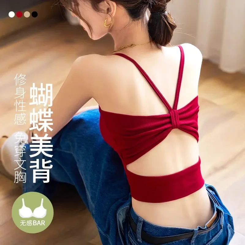 蝴蝶美背文胸一体背心女设计感性感吊带小胸聚拢收副乳抹胸上衣