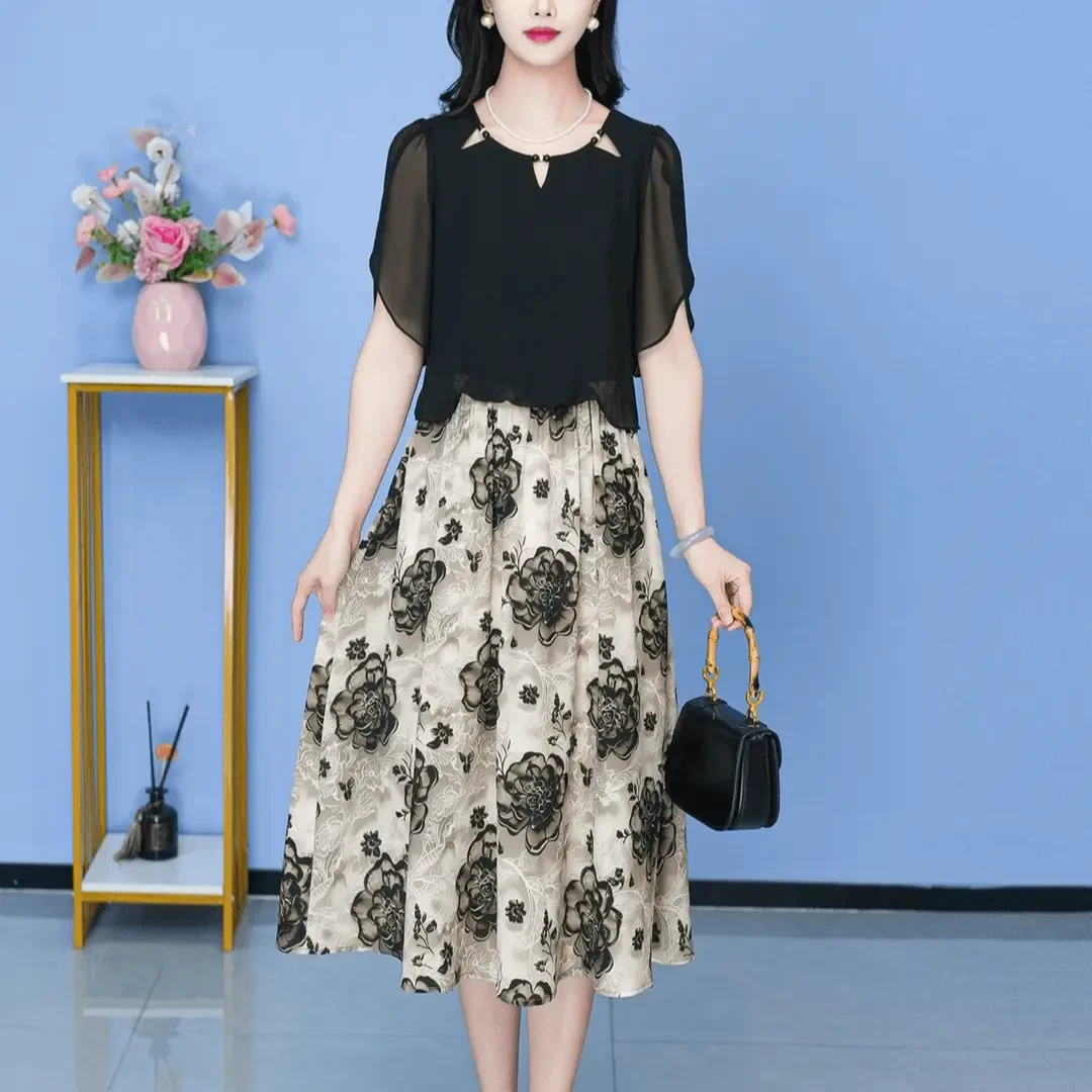 2025夏季新款连衣裙中长款气质中式收腰印花修身女装连衣裙