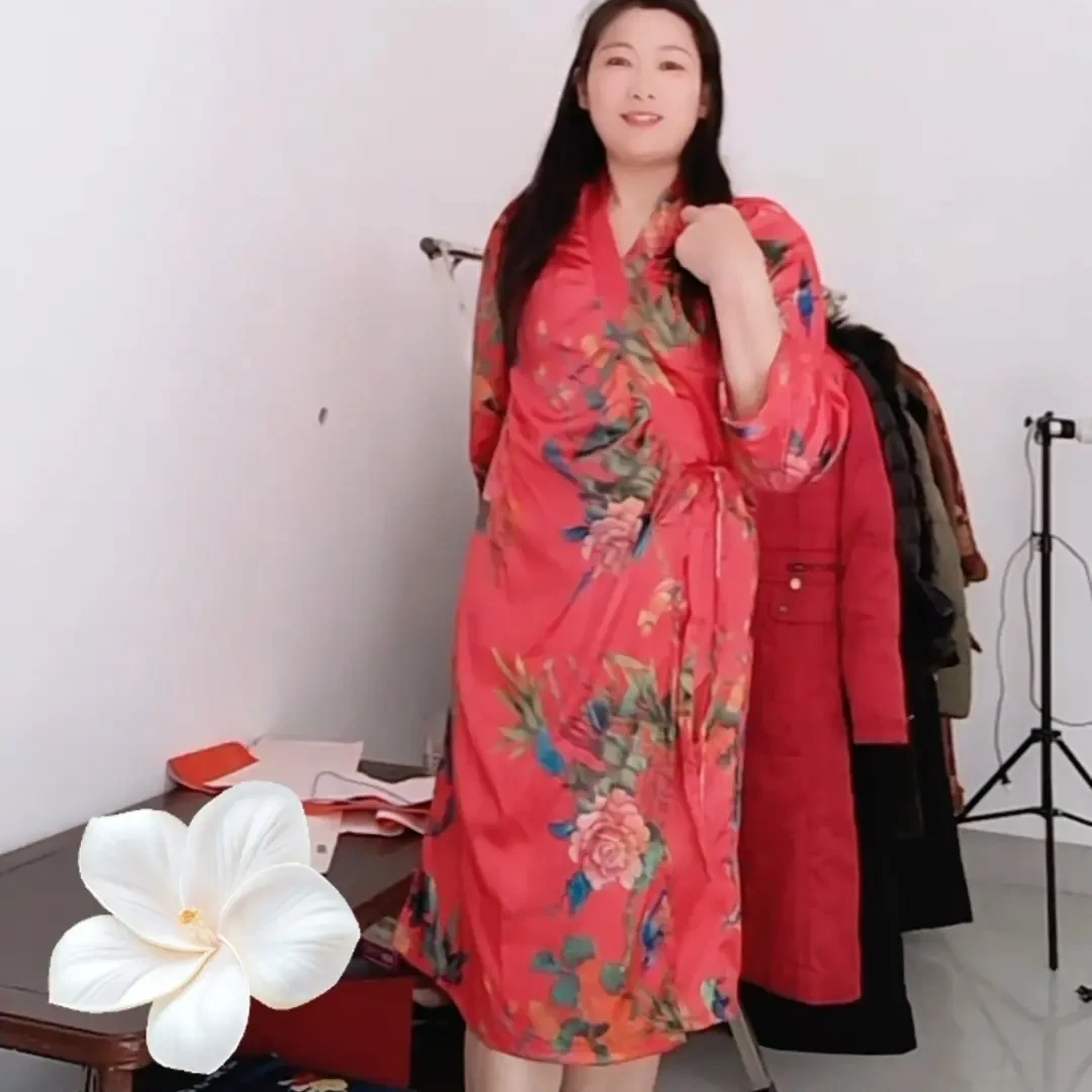 椒北衣韵原创交插领七分袖印花夏季宽松气质复古中长款连衣裙睡衣