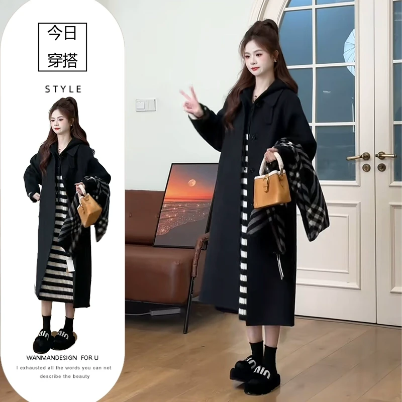 2025秋新款茶系穿搭套装设计感宽松连帽条纹连衣裙中长款呢子外套