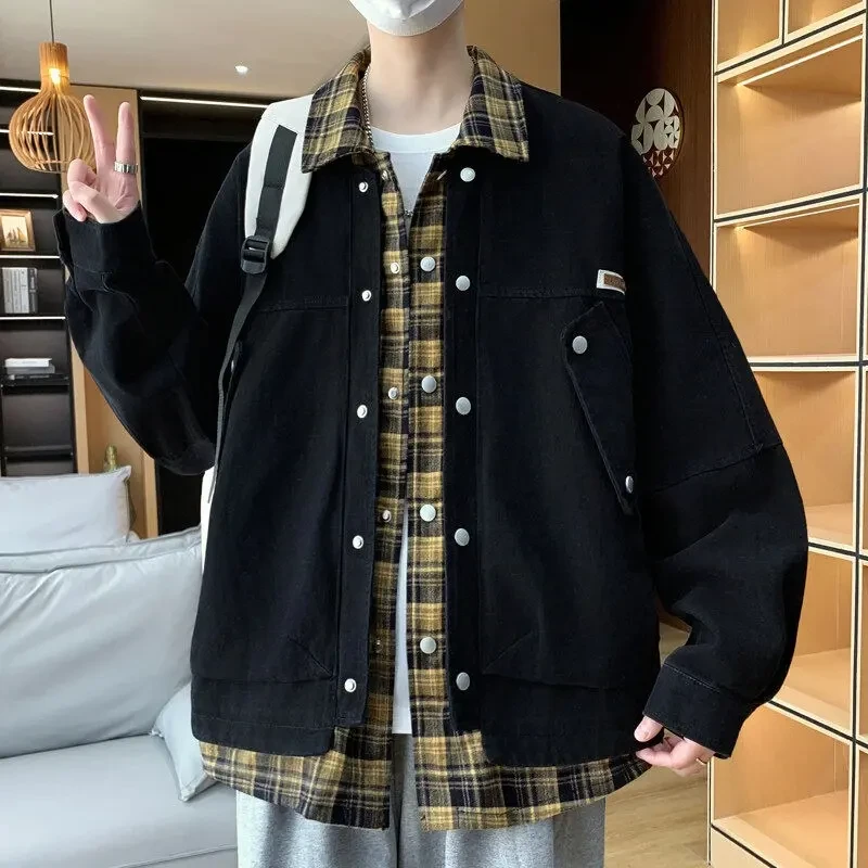 春秋新款休闲宽松翻领牛仔外套男士学生青少年帅气时尚假两件夹克