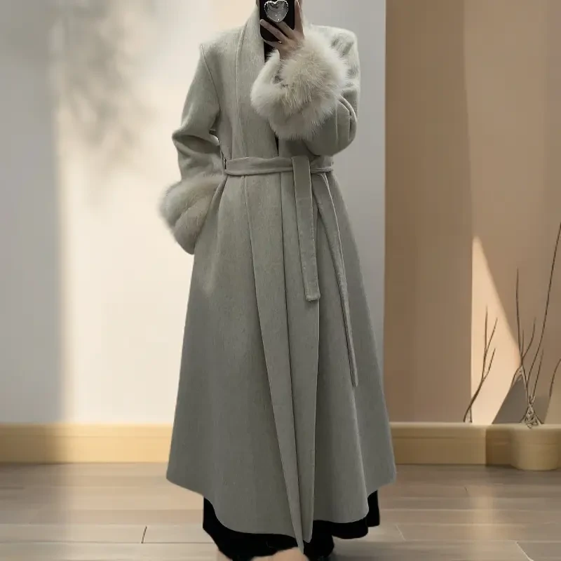 双层狐狸毛袖高贵品质2024秋冬款双面羊毛大衣长款大翻领毛呢外套