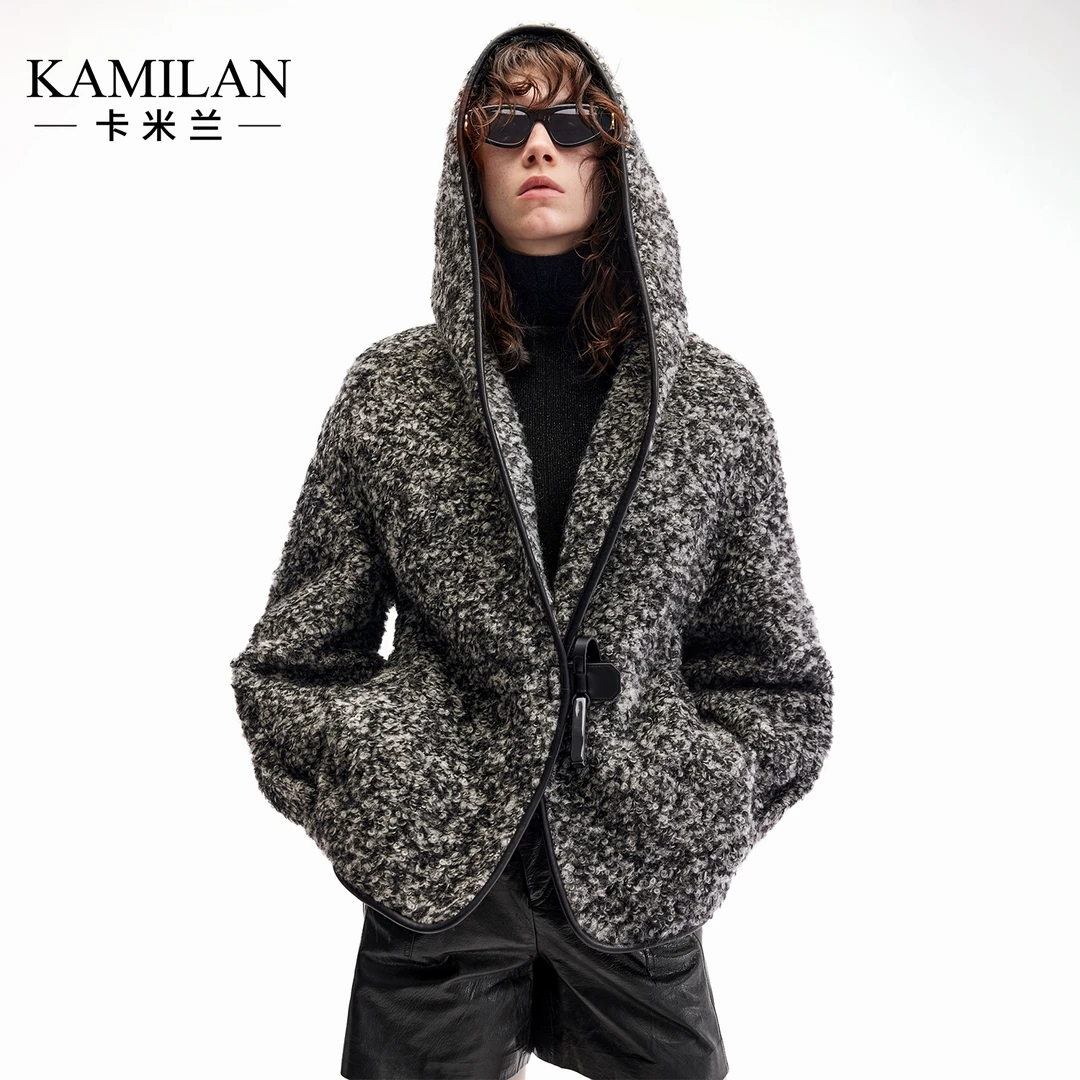 [羊毛]卡米兰时尚百搭羊剪绒外套女2024年冬季新款填充白鸭绒外套