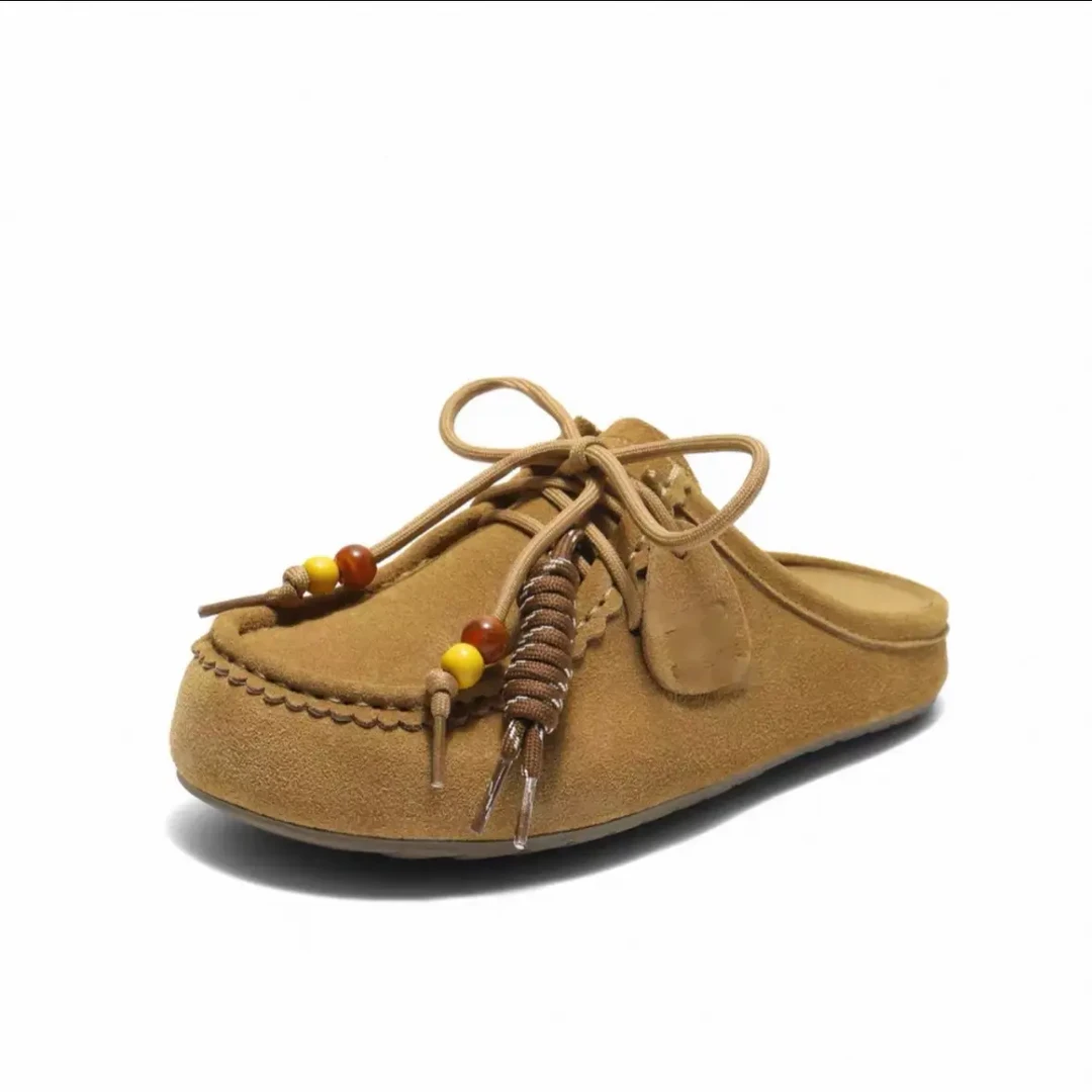 女幸运珠交叉绑带串珠纯色包头拖厚底低帮时尚平底鞋