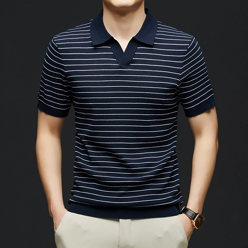 意大利【杰尼z亚】奢侈品 夏季男士莱赛尔半袖条纹休闲短袖Polo衫