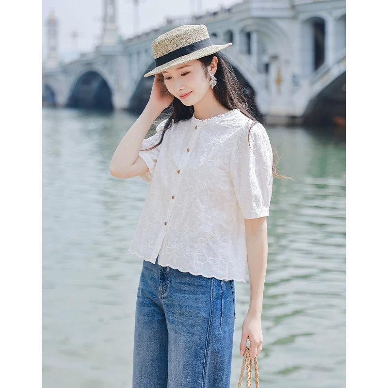 红念白色刺绣纯棉衬衫女短袖设计感春夏季2025年新款小众女装上衣