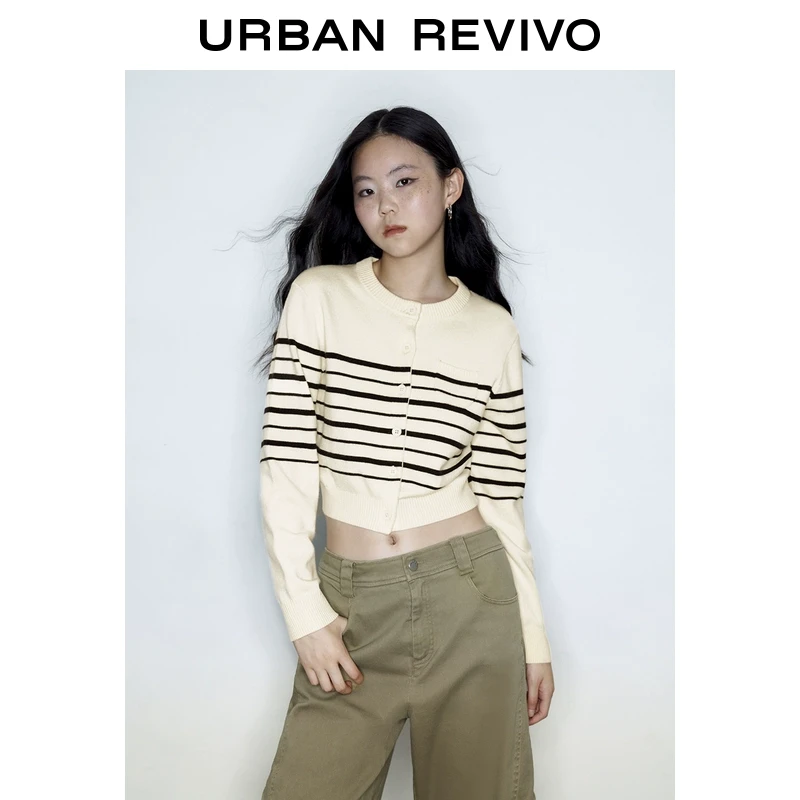 【HOT】UR2024冬季新款女装气质撞色条纹针织开衫UYY940052