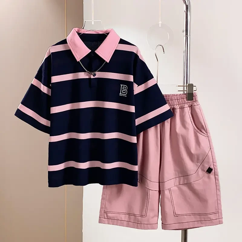 男童夏装套装条纹短袖2025中大童夏季儿童爆款韩版宽松运动休闲潮