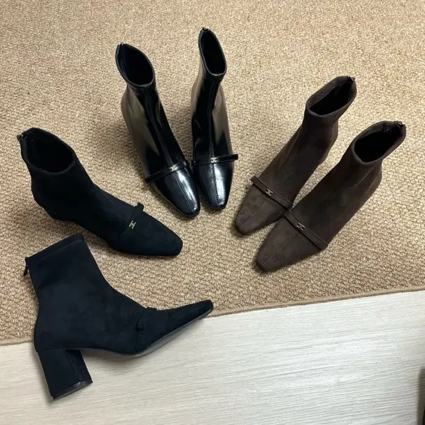 2025秋季方头粗跟瘦瘦靴复古短筒绒面后拉链气质百搭女短靴法式