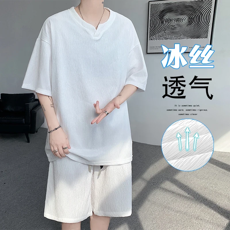 男士休闲套装夏季褶皱垂坠感冰丝短袖短裤潮流痞帅男装一整套