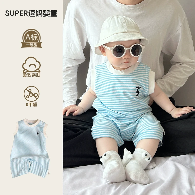 夏季爆款婴儿连体衣宝宝夏日衣服韩版洋气婴幼儿条纹爬服满月百天