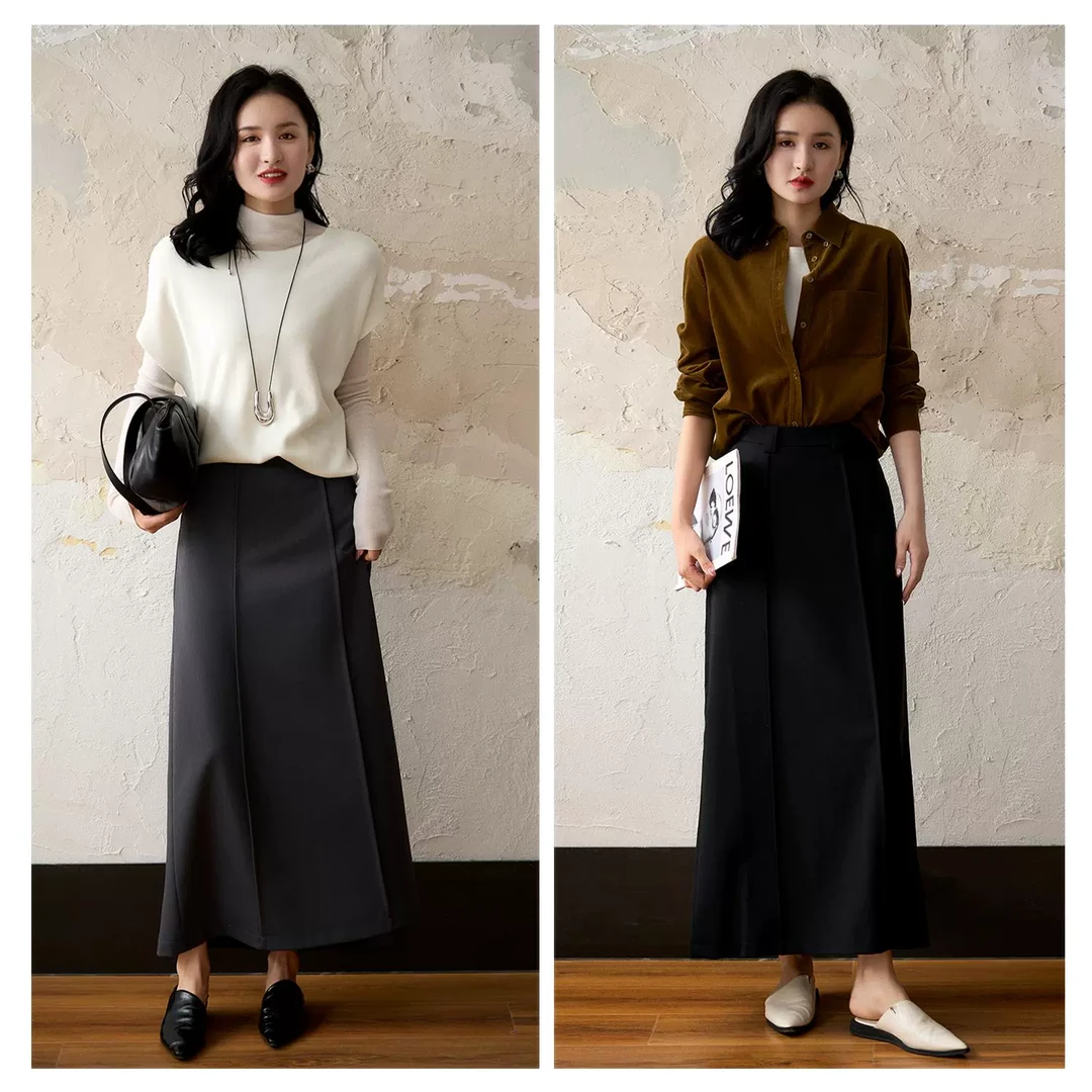 早春利落干练后开衩叠褶直筒长裙挺括a字半身裙女QZE666154AG