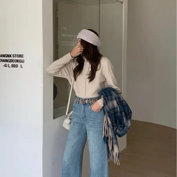 冬季加绒加厚高腰显瘦韩版遮胯直筒牛仔奶奶裤女