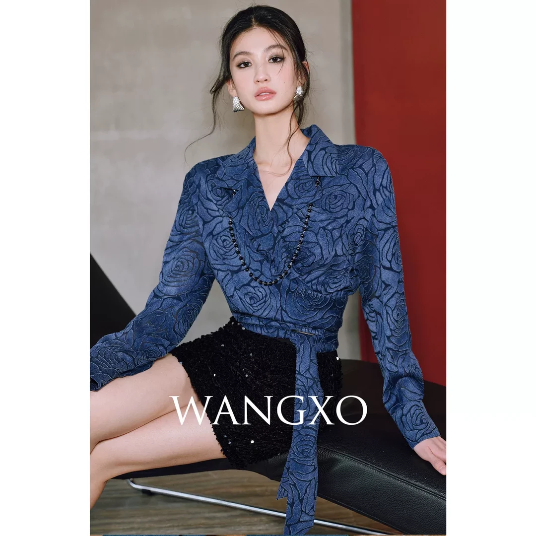 WANGXO｜奢贵玫瑰浮雕乔其剪花｜轻解构绑带飘逸灯笼袖短款衬衫