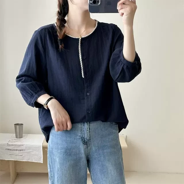 圆领蕾丝花边拼接七分袖双层棉纱衬衫女士纯棉百搭宽松休闲上衣YX