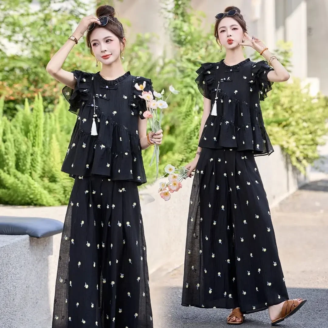 2025夏季新款新中式国风刺绣盘扣套装女高级感气质阔腿裙裤两件套