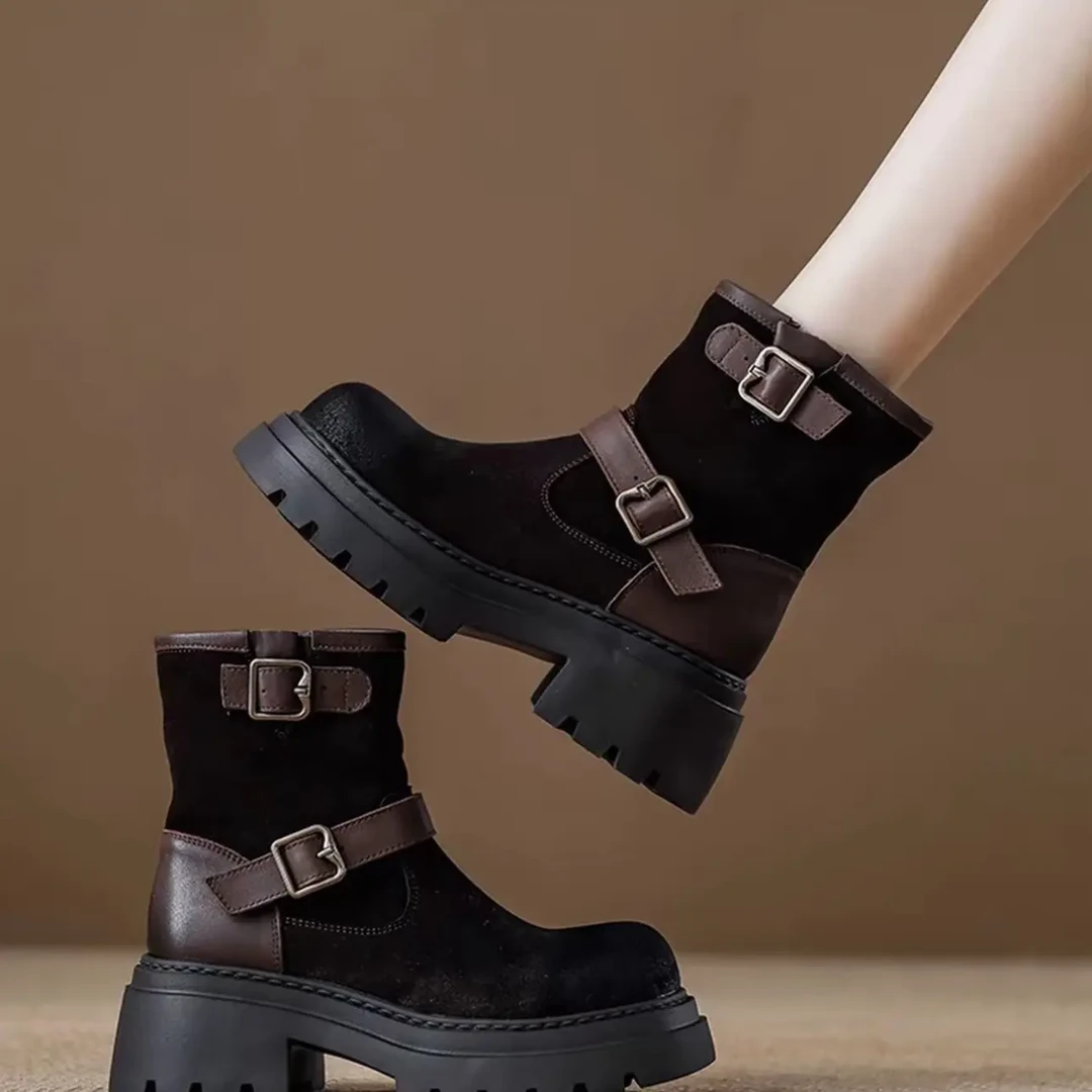 真皮厚底马丁靴女秋冬英伦风复古粗跟短筒休闲百搭机车靴子