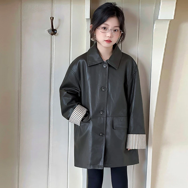 女童皮衣外套秋季儿童春秋韩系中长款夹克衫女孩秋装潮酷风衣上衣