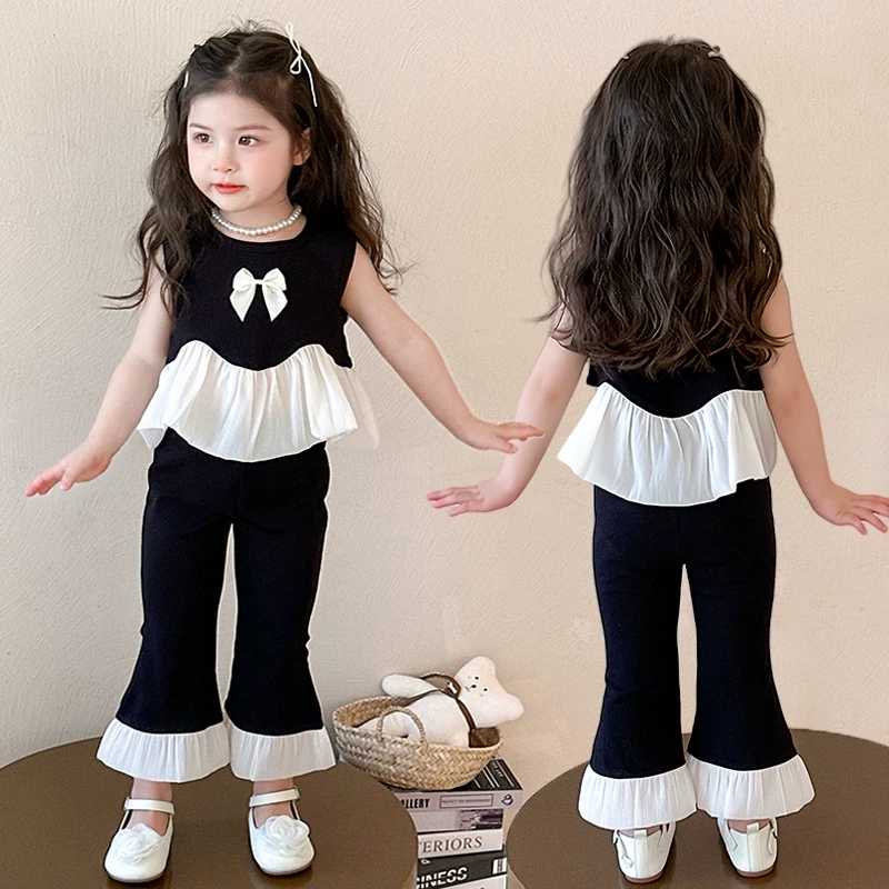 女童夏季套装2025新款洋气女宝宝黑色荷叶边背心喇叭裤韩系两件套