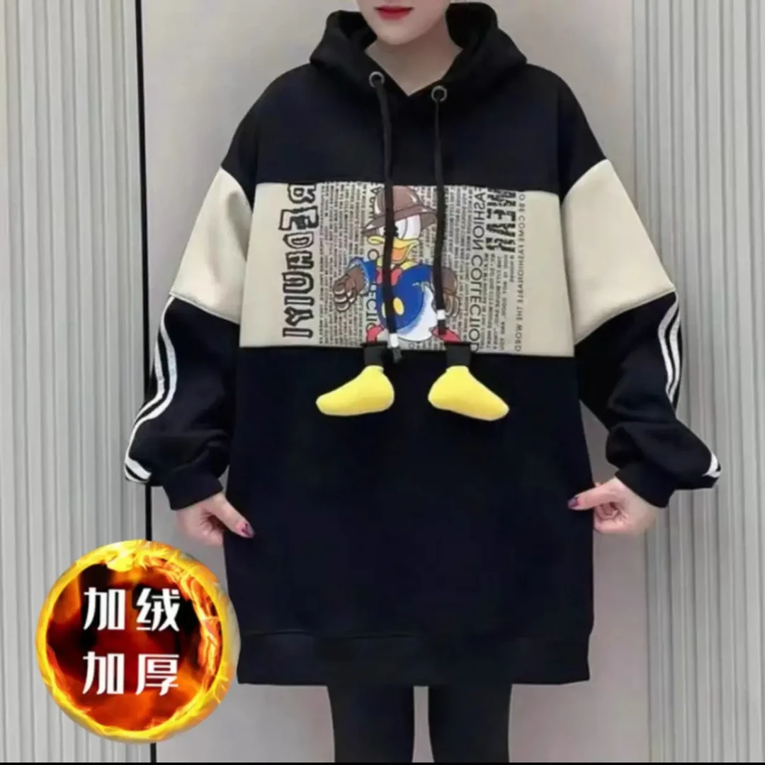 2025卫衣休闲风中长款套头款韩版连帽冬季加绒加厚宽松