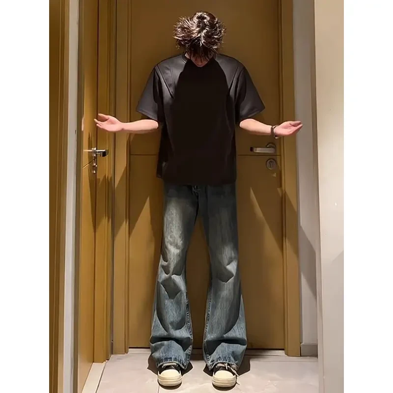 行星世界美式高街竹节纹牛仔裤男款潮牌裤子高个子修身直筒微喇裤