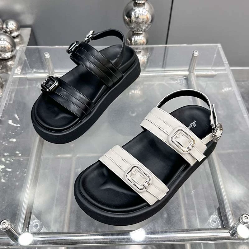 【现货】2024夏季新款真皮厚底软底舒适高级感露趾一字带凉鞋9939-5